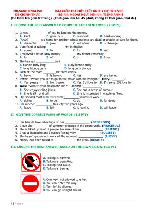 Đề kiểm tra 1 tiết Unit 1 môn Tiếng Anh Lớp 8